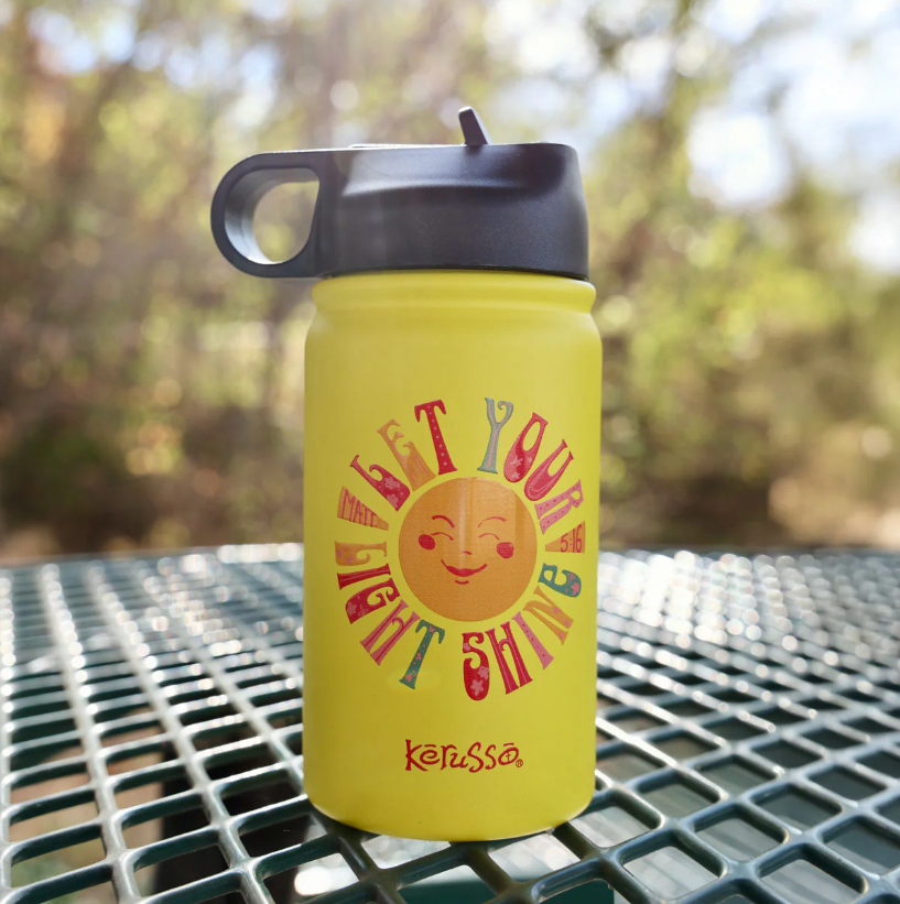 Yellow kids Christian stainless steel sports bottle with Let Your Light Shine design