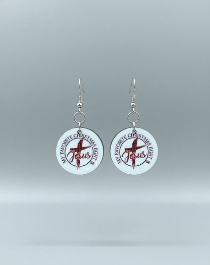Light of the World Earrings by Whittled Grace Gifts – round Christmas earrings with red plaid cross and text ‘My Favorite Christmas Light is Jesus.’ Faith-inspired holiday jewelry.