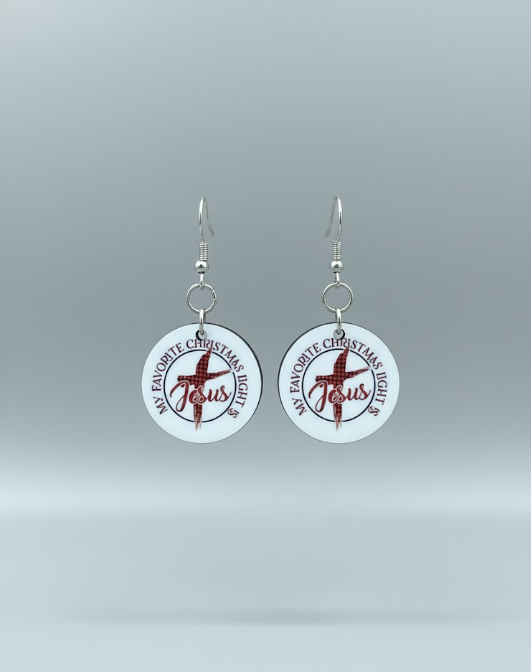 Light of the World Earrings by Whittled Grace Gifts – round Christmas earrings with red plaid cross and text ‘My Favorite Christmas Light is Jesus.’ Faith-inspired holiday jewelry.