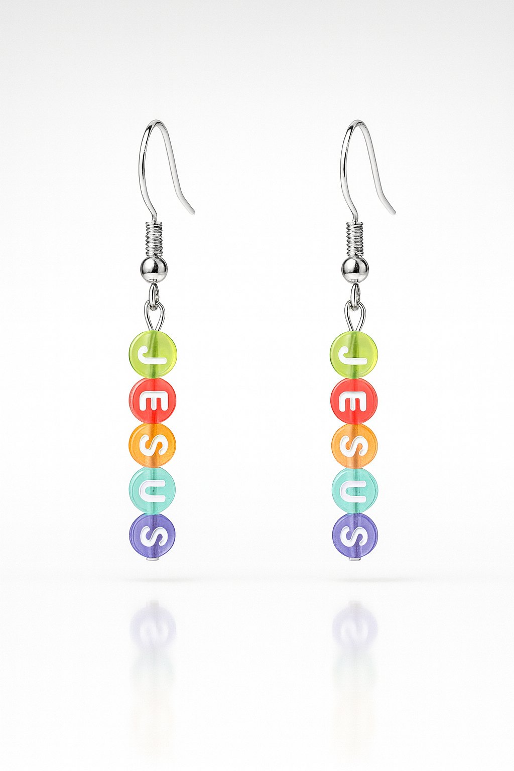 Faith-inspired Name Above All Earrings featuring colorful letter beads spelling “JESUS” — letter colors may vary. Lightweight, hypoallergenic, and full of joy.