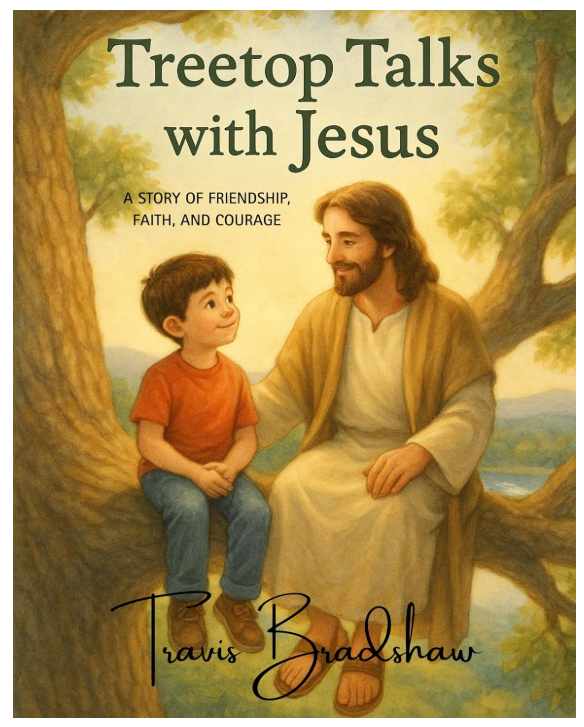 Cover of Treetop Talks with Jesus by Travis Bradshaw — a Christian children’s book about friendship, faith, and courage featuring a boy talking with Jesus in a tree.