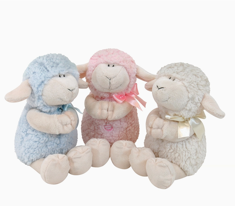 Praying lamb plush toys in blue pink and cream Christian baby gift stuffed animals