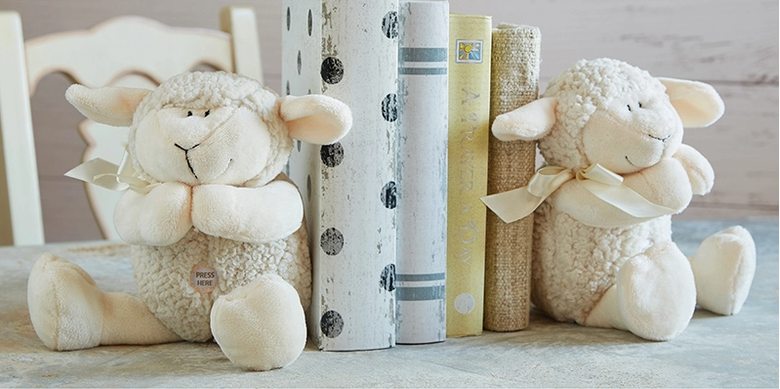 Cream praying lamb plush toy plays Jesus Loves Me Christian stuffed animal for babies