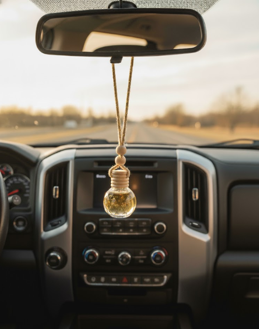 “Car essential oil diffuser with Joyful Tidings tag, sweet berry scent.”