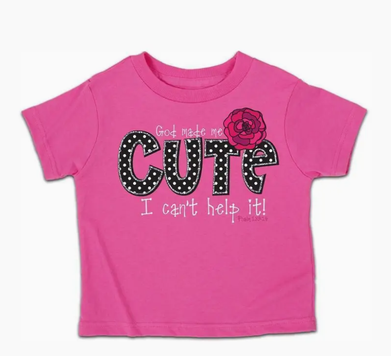 Pink youth Christian T-shirt with “Cute” design inspired by Psalm 139:14