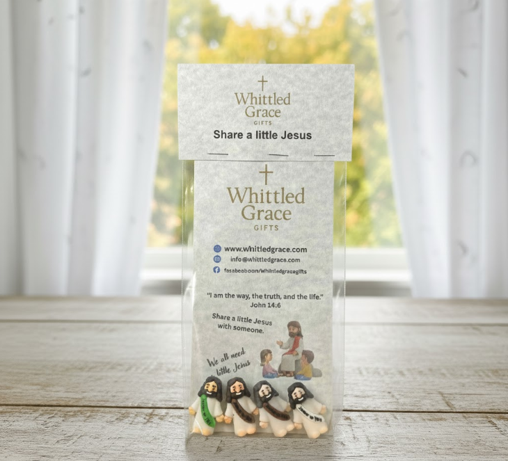 “Share a Little Jesus 4-Pack Gift Set with packaging and Whittled Grace Gifts branding.”