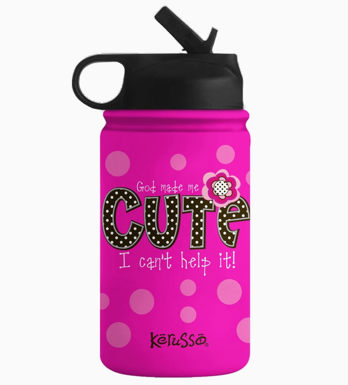 Pink Christian kids water bottle with God Made Me Cute I Can't Help It message Kerusso stainless steel children drink cup