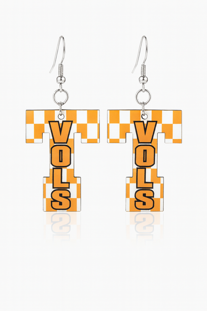 “Orange and white checker T-shape earrings with nickel-free hooks on white background”