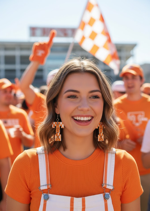 “Lightweight game-day checker T earrings, side angle showing fish-hook wires”
