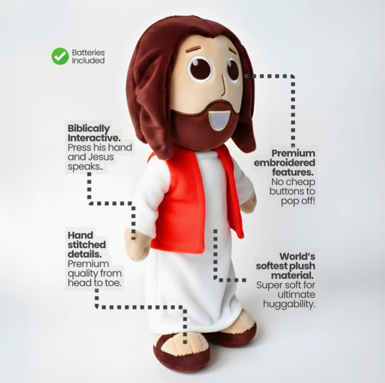 Talking Jesus Doll interactive plush Christian toy showing features including Bible verse voice button and soft embroidered design