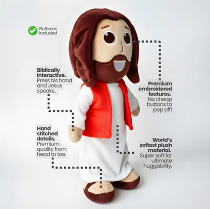 Talking Jesus Doll interactive plush Christian toy showing features including Bible verse voice button and soft embroidered design