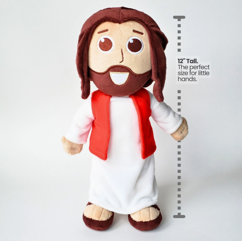 Talking Jesus Doll interactive plush Christian toy showing features including Bible verse voice button and soft embroidered design