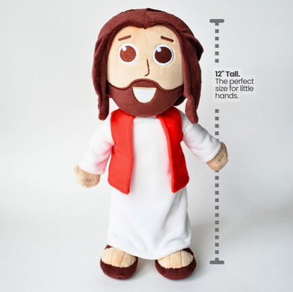 Talking Jesus Doll interactive plush Christian toy showing features including Bible verse voice button and soft embroidered design