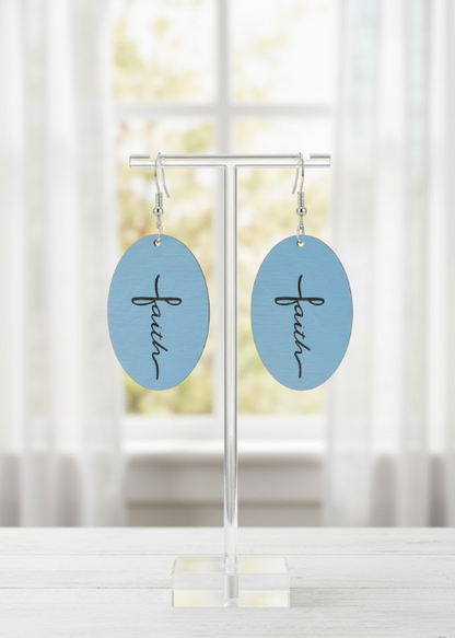 Walk by Faith Earrings featuring light blue circular design with Scripture 2 Corinthians 5:7 – Whittled Grace Gifts