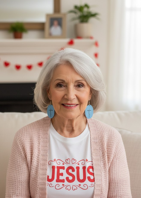 Christian Walk by Faith Earrings in sky blue with “faith” script text inspired by 2 Corinthians 5:7