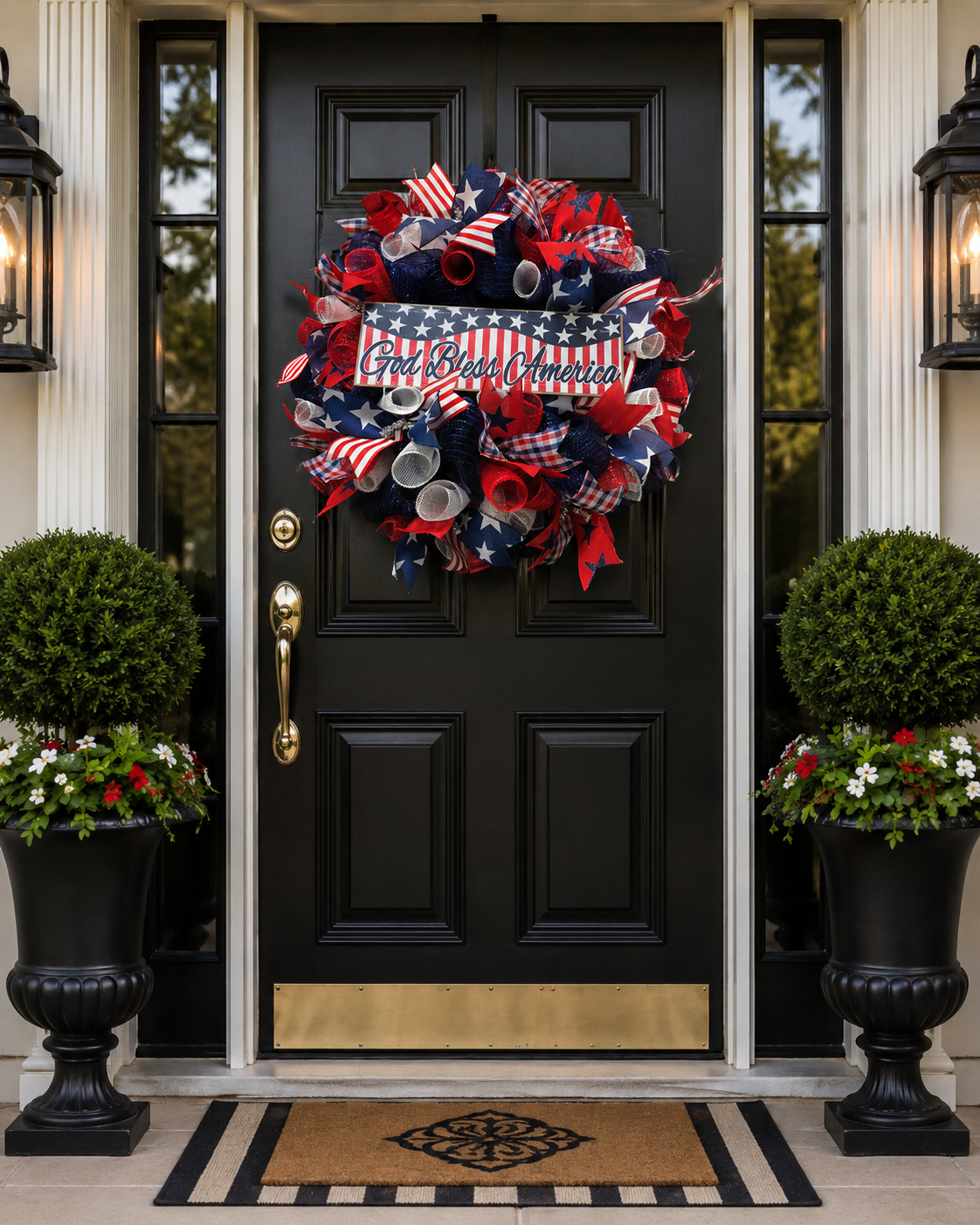 Faith & Freedom patriotic wreath displayed on a black front door with red white and blue Americana decor.